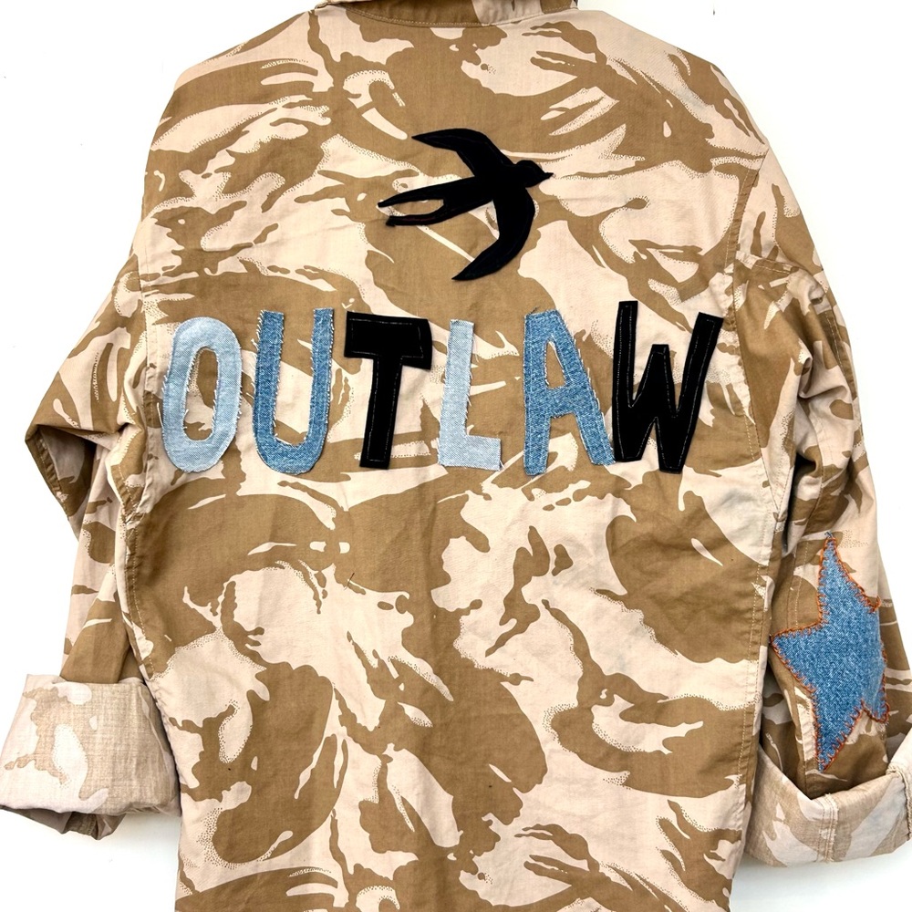 Upcycled Camouflage "Outlaw" shacket with patches
